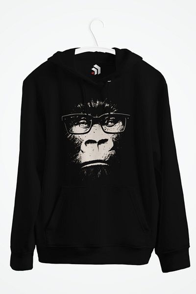 karikatürstore Hipster Gorilla With Glasses Printed Hooded Sweatshirt