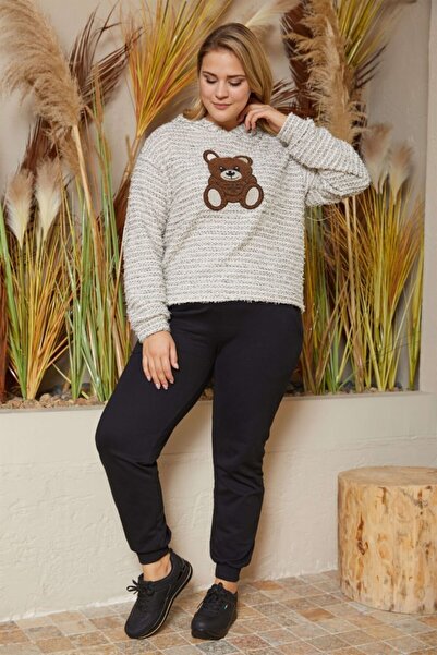 Seamoda Saçak Örgülü Ayıcık Aplikeli Kapşonlu Sweat-bej