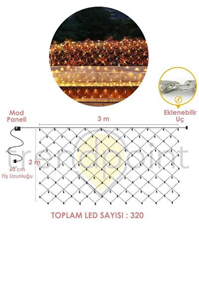Trendpoint 320 Ledli 3x2 Metre Animasyonlu Ağ Perde Led Fişli Eklenebilir Modlu Yılbaşı Süsleme