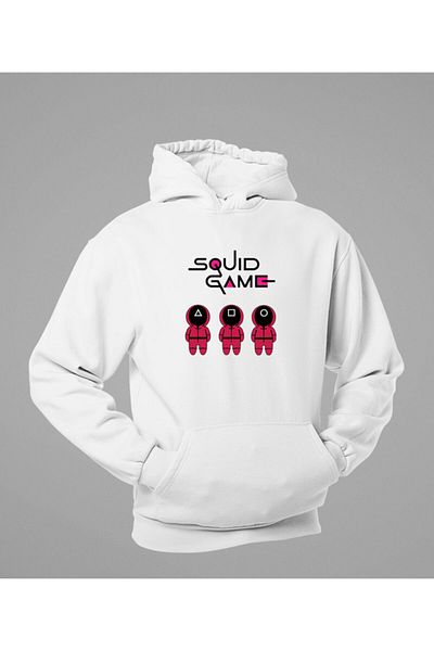 Raf Coll Unisex White Oversize Squid Game1 Φούτερ με κουκούλα με ψηφιακή εκτύπωση