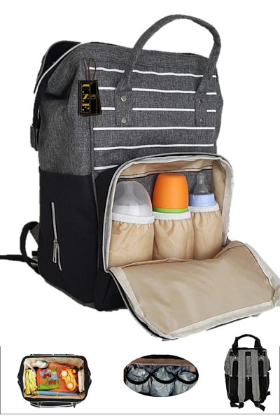 USF Baby Care Bag Mother Baby Care Backpack - Striped Gray Black