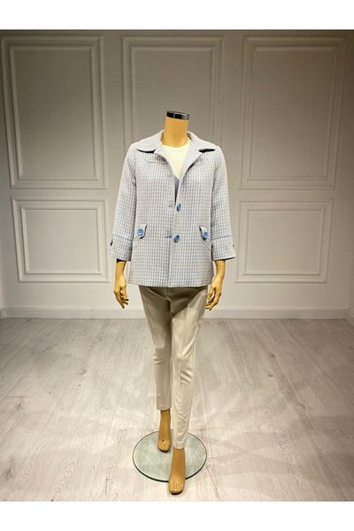 MI Palton albastru scurt pentru femei cu model picior de găină