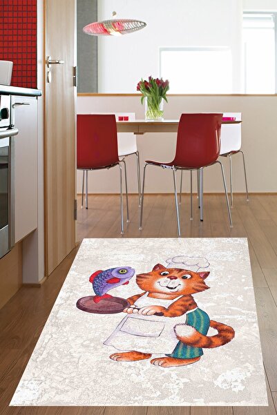 on the clouds Aşçı Kedi Balık Desenli Dijital Baskılı Kaymaz Taban Yıkanabili...