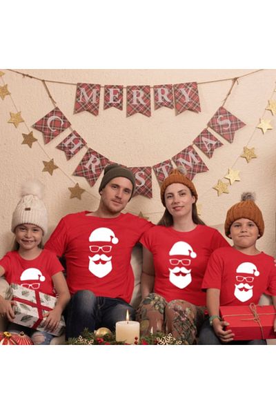 HediyeMania Christmas Family Combination 4-Piece Family T-Shirt Set Santa Claus Red T-Shirt