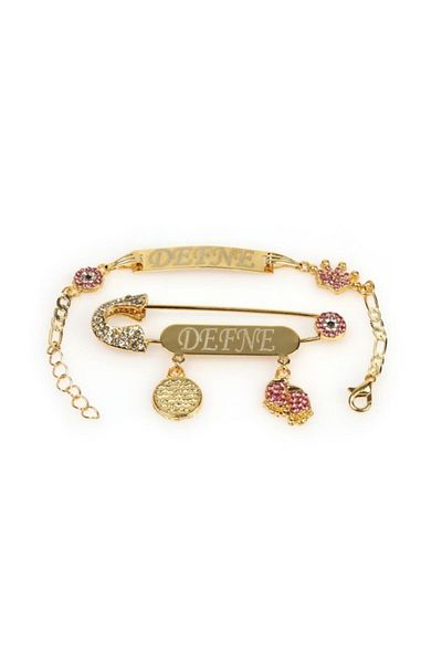 Sahi Aksesuar Pink Crystal Stoned Baby Girl Collar Pin and Bracelet Set 54