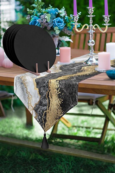 Realhomes Gold Detaylı Mavi Mermer Desenli Üçgen Püsküllü Runner 1 Adet 6 Ade...