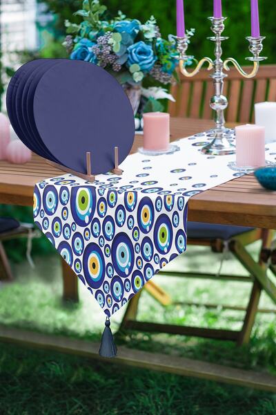 Realhomes Nazar Boncuklu Özel Tasarım Üçgen Püsküllü Runner 1 Adet & 6 Adet L...