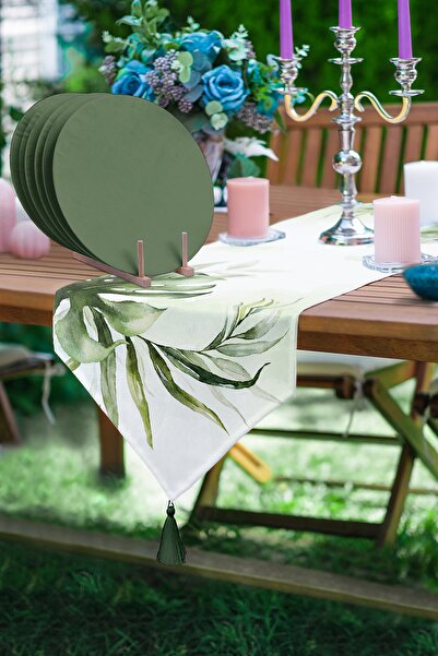 Realhomes Tropik Yaprak Tasarımlı Üçgen Püsküllü Runner 1 Adet & 6 Adet Yeşil Renkli Supla