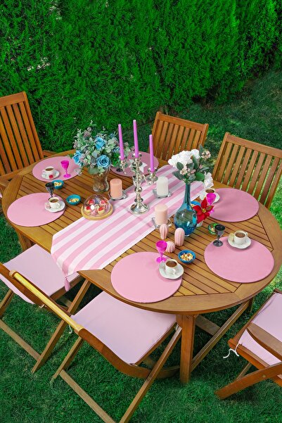 Realhomes Pembe Düz Çizgili Üçgen Püsküllü Runner 1 Adet & 6 Adet Pembe Renkl...