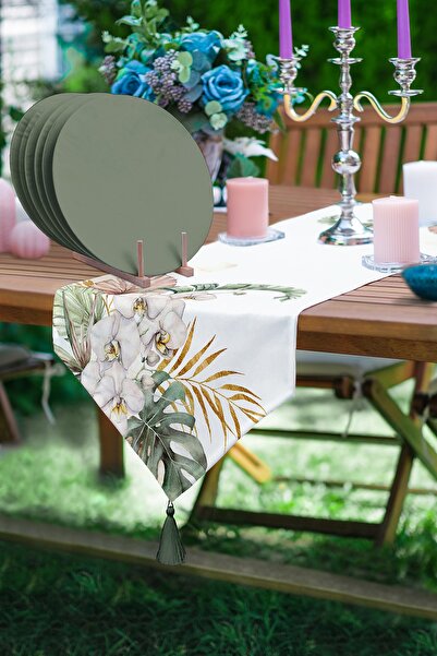 Realhomes Tropik Yaprak Tasarımlı Üçgen Püsküllü Runner 1 Adet & 6 Adet Yeşil...