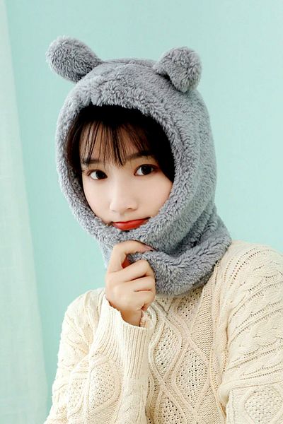 Bundera Wig Women's Plush Gray Beanie Snow Mask Neck Collar Thermal Welsoft Teddy Bear Fleece Scarf Windproof