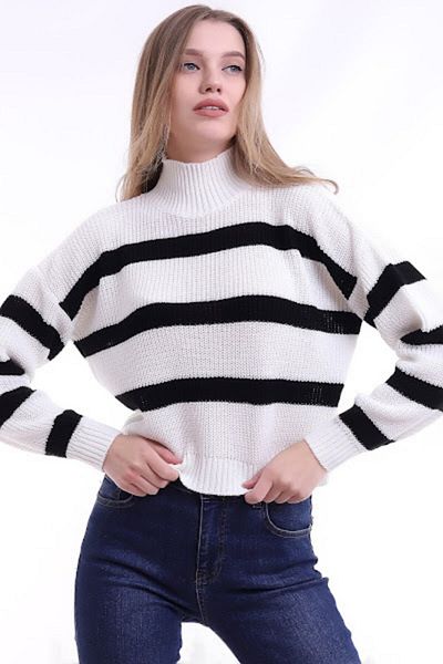 Devinka Pulover de damă alb din tricot cu dungi Fisherman