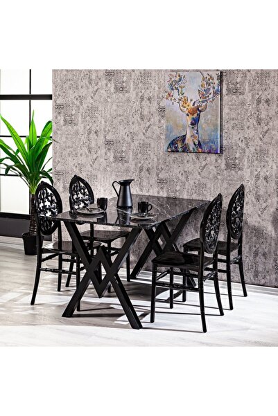 SANDALİE Matrix Wega Mermer Desen / Venüs Mutfak Masa Takımı Siyah