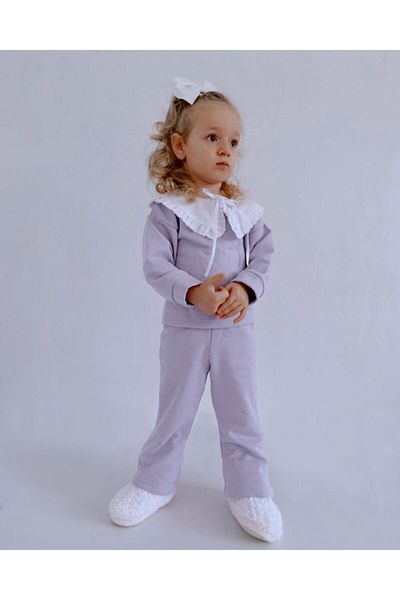 le petit sole Girl's Lilac Ruffle Collar Top-Top Set