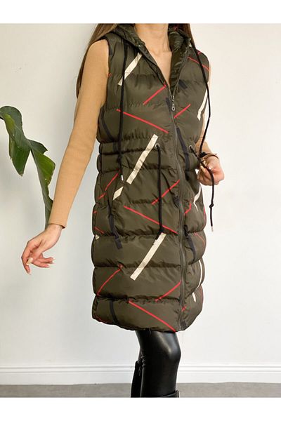ladyzey Women's Hooded, Side Pocket, Gathered Waist, Line Patterned Long Puffer Vest