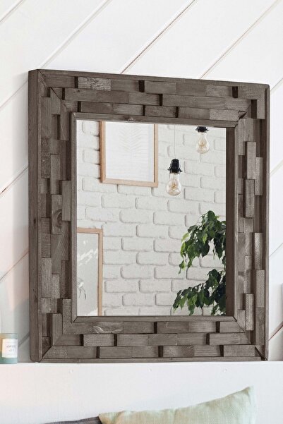 bluecape Jenga Gri Doğal Ağaç Masif 58x58 Cm Tahta Parçacıklı Dekoratif Ayna