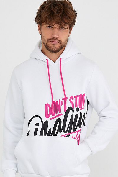 AMAZING CRASH Hanorac alb unisex cu glugă cu buzunar cangur imprimat