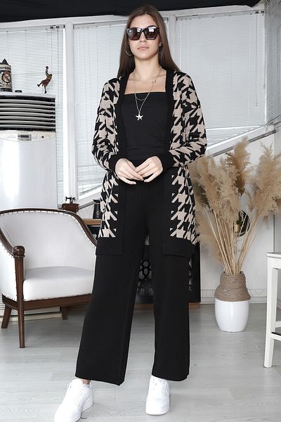 AVORWE Houndstooth Patterned Buttonless Knitwear Cardigan