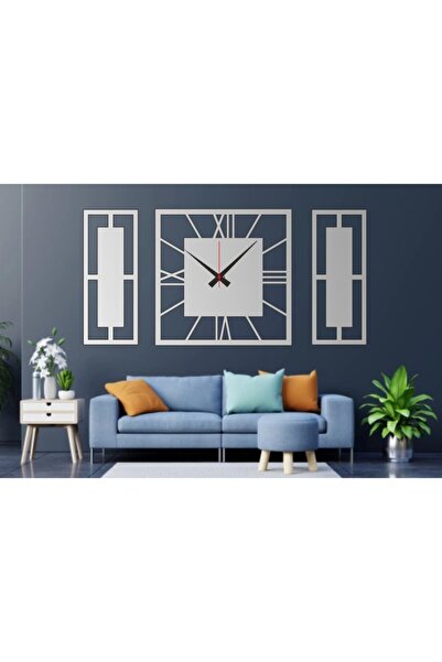 Tekin Store Gümüş Aynalı Kare 3 Lü Tablo Duvar Saati 50x50 Saatli