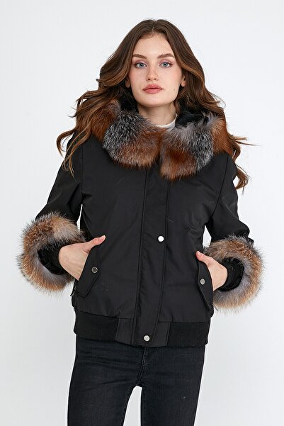 nero leather fur - Su Geçirmez Kısa Parka