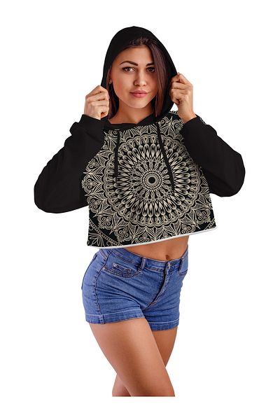 ACR Giyim Tekstil Forma Baskı Hanorac crop top cu glugă cu imprimeu în față și în spate pentru femei Black Mandala Mod 01