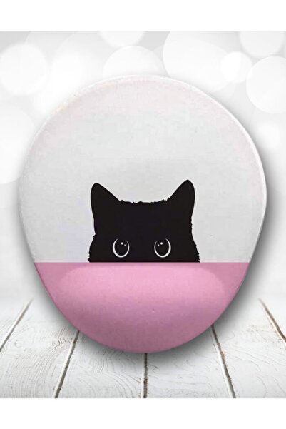 Atölye Çizgi Siyah Pembe Kedi Bilek Destekli Mouse Pad Oval
