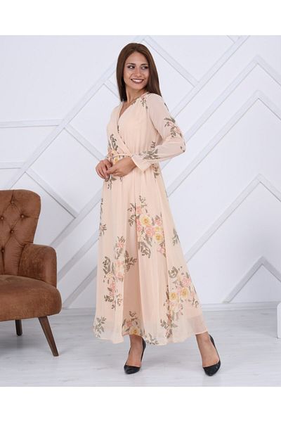Apple Cix Women's Ecru Floral Patterned Long Chiffon Dress