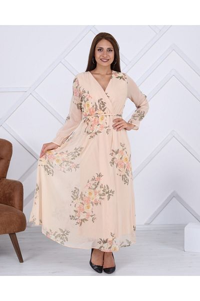 Apple Cix Women's Ecru Floral Patterned Long Chiffon Dress