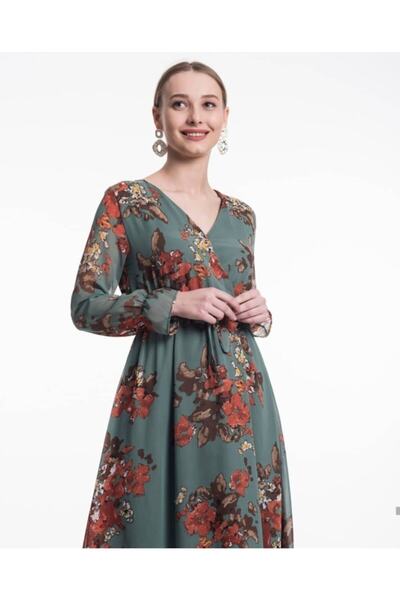 Apple Cix Γυναικείο φόρεμα σιφόν με πράσινο φλοράλ σχέδιο