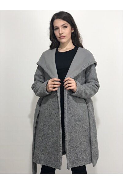 AYHAN Women's Gray Teddy Belted Coat