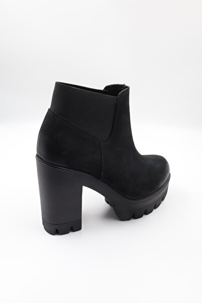 Impero Kadın Siyah  Hakiki Nubuk Deri Yüksek Kalın Topuklu Lastikli Bot