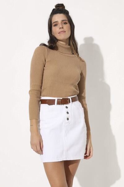 modabirsen Women's Brown Turtleneck Ribbed Knitwear Sweater