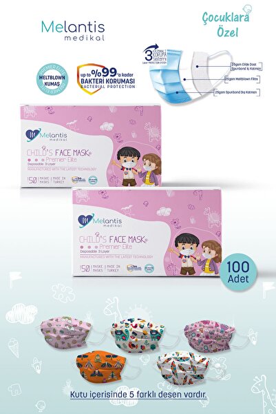 Melantis Medikal Meltblownlu 3 Katlı Telli Cerrahi Maske Kız Çocuk 2 Kutu 100 Adet