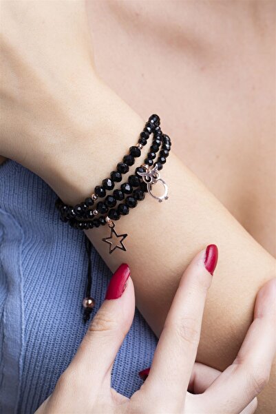 Sortie Aksesuar Kadın Siyah Kristal Taşlı 3lü Bileklik 007