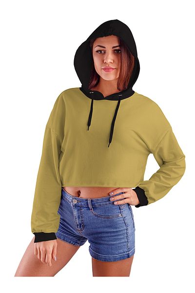 ACR Giyim Women's Oil Green Hooded Crop Top Sweatshirt 2 Threads