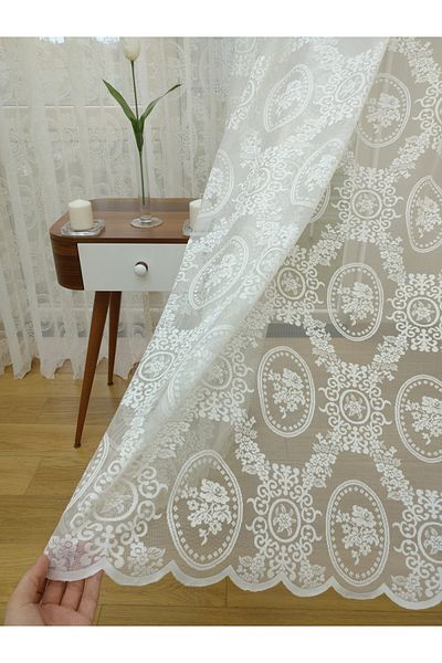 Esse Home Flower Patterned Special Knitted Textured Tulle Curtain, 250x250, Sparse Pleat, 1/2