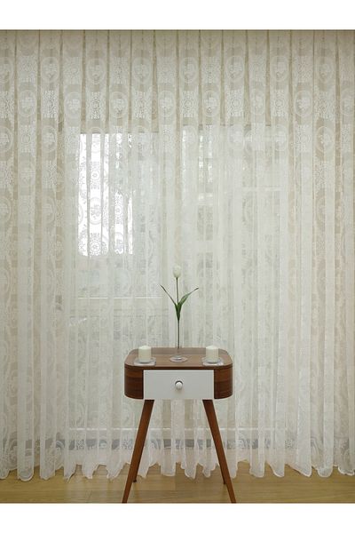 Esse Home Flower Patterned Special Knitted Textured Tulle Curtain, 250x250, Sparse Pleat, 1/2