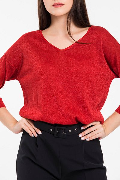 GAJA Woman's Red V-Neck Glitter Pullover