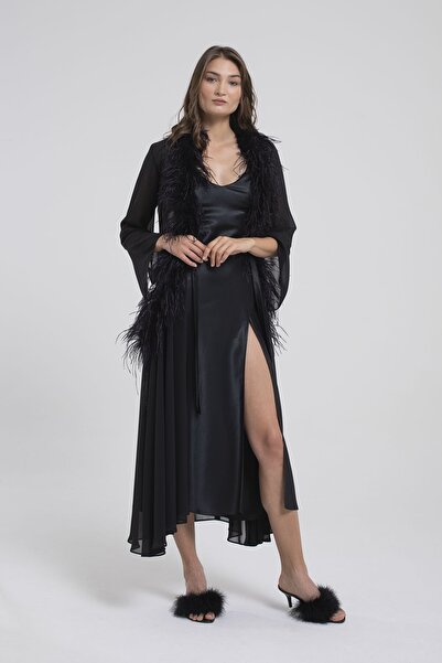 SEVİNÇ ÜRKMEZ Kadın Siyah Uzun Yaka Tüylü Sabahlık