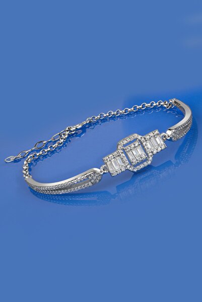 Else Silver Kadın Beyaz Özel Tasarım Baget Taşlı Kelepçe Modeli Gümüş Bileklik