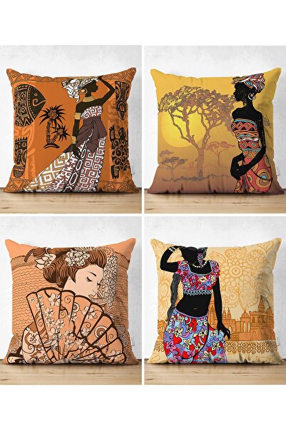 Realhomes Çift Taraflı Etnik Afrika Women Desenli 4'lü Süet Kırlent Kılıf Seti
