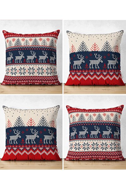 Realhomes Çift Taraflı Geyik Desenli Yılbaşı Temalı 4'lü Dekoratif Süet Yastı...