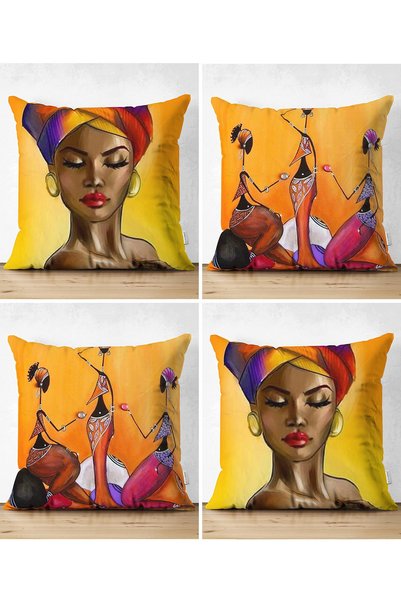 Generic Brand Double Sided African Lady Motif 4-Piece Modern Suede Pillow Kıl...