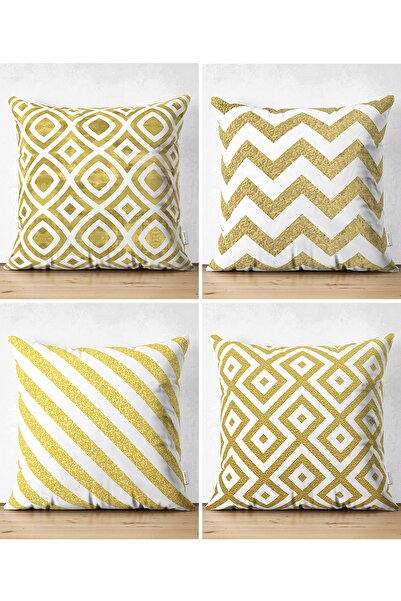 Realhomes Altın Varaklı Geometrik 4'lü Çift Taraflı Süet Yastık Kırlent Kılıf...