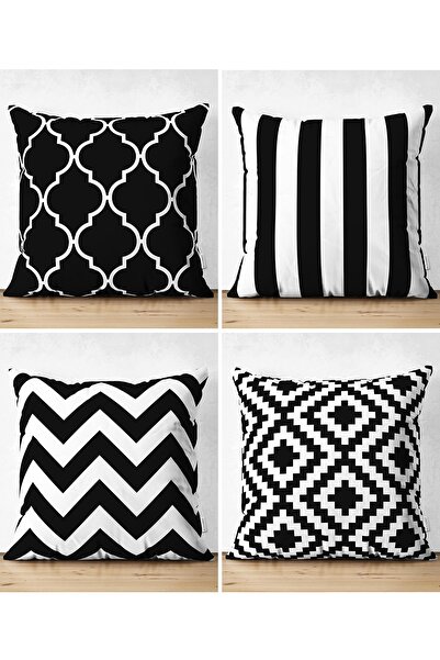 Realhomes Çift Taraflı Siyah Beyaz Geometrik Şekiller 4'lü Süet Yastık Kırlen...