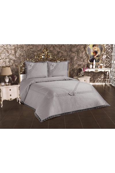 Köşem Çeyiz Gray Quilted Laced Double Bedspread