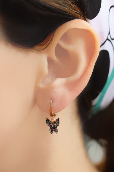 Midyat Nurtaş Gümüş Kelebek Tasarım Renkli Taşlı Roslu Gümüş Küpe