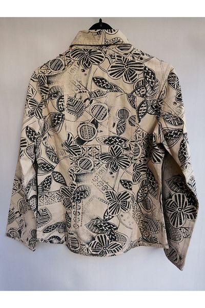 Chicos Authentic Cotton Women's Straw Yellow Gray Print Floral Bead Embroidered Buttoned Jacket Made in India