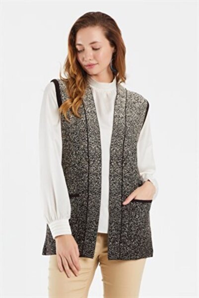 Uludağ Triko Γυναικείο γιλέκο με σχέδιο καφέ πέτρα και χιόνι