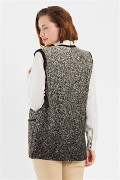 Uludağ Triko Γυναικείο γιλέκο με σχέδιο καφέ πέτρα και χιόνι